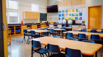 Naklejka premium An empty classroom with rows of tables and chairs neatly arranged, ready for students to occupy.