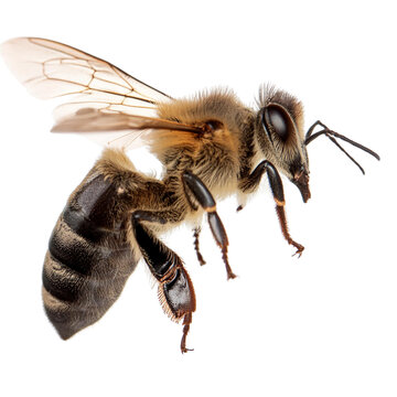 A brown and black bee is flying against a white background.
