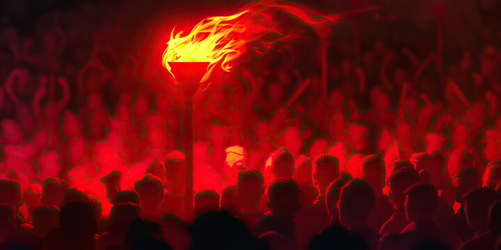 Radiant Red: A torch, its flame blazing brightly, ignites the spirit of revolution within a crowd of people.