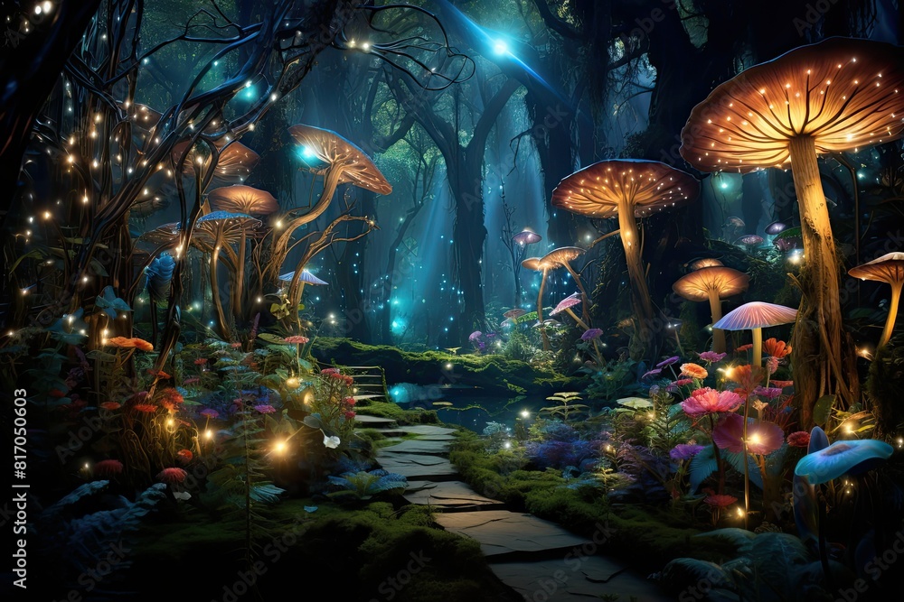 Poster a dense forest with abundant mushrooms and bright lights creating a magical atmosphere. generative a