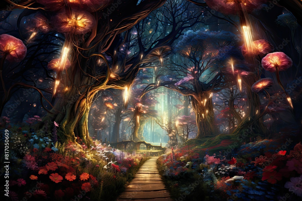 Poster a path winds its way through a dense forest, surrounded by towering trees and lush foliage. generati