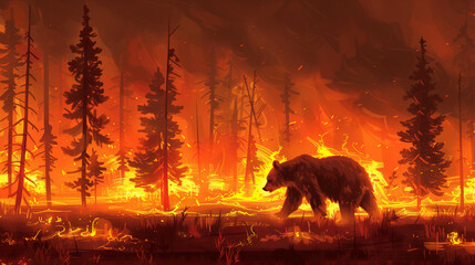 A bear walks through a forest on fire. Scene is one of danger and destruction