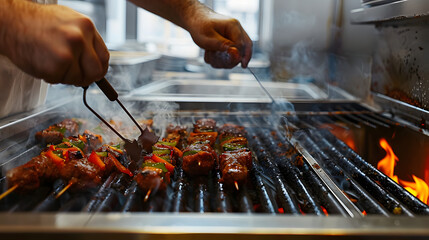 Cropped hands of chef making kebab on barbecue grill in commercial kitchen