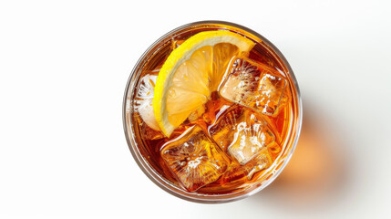 A glass of iced tea with a lemon wedge in it