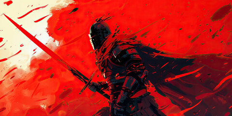 Alizarin Crimson: A Warrior's Resolve, Steel Meets Wind in Epic Battle Pose