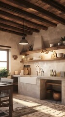 Cozy TuscanStyle Farmhouse Kitchen with Exposed Beams and Inviting Nook