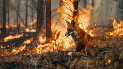 A fox is sitting in the middle of a forest fire. The fire is raging and the fox is looking at the camera. Scene is tense and dramatic, as the fox is in a dangerous situation