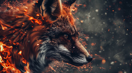 A fox is sitting in the middle of a forest fire. The fire is raging and the fox is looking at the...