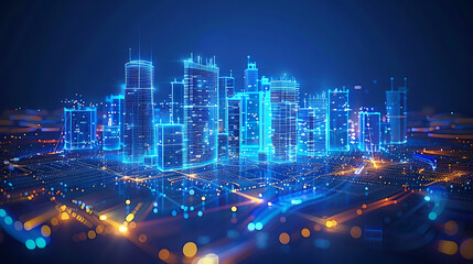 Fototapeta premium Wi-Fi smart city or network. Low poly wireframe. Building Automation with Computer Board Illustration. Wireless smart city or network