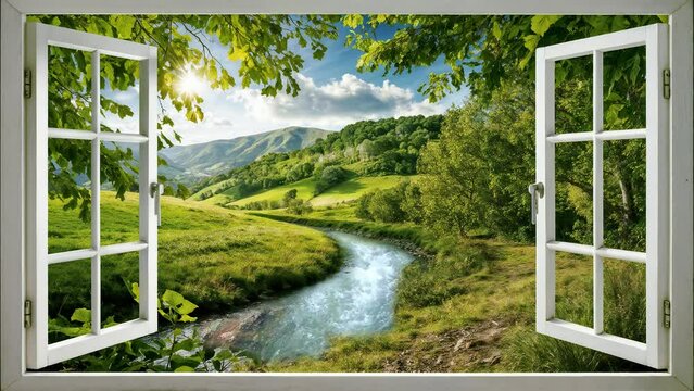 A picturesque view of a lush green valley and stream seen through an open window on a bright sunny day.