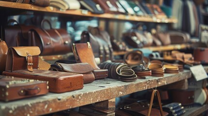 Various leather items such as bags, belts, and wallets are neatly organized and displayed in a shop setting.