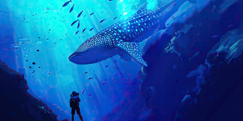 Deep blue oceans, an explorer in cerulean attire dives to uncover their mysteries.