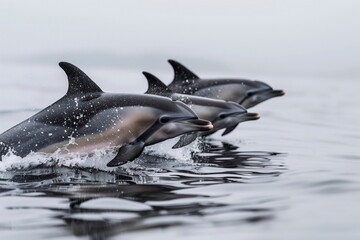 A group of dolphins jumping outside the water