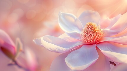 Magnificent magnolia flowers in close-up with fantastical colors. Full-blown magnolia flower in macro, magical light Space for text.