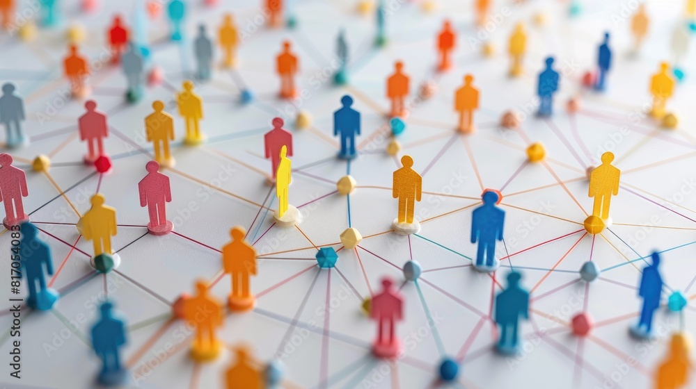 Poster a colorful network of people is shown, with some of them being yellow. concept of community and inte
