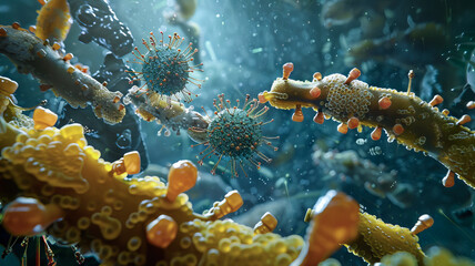 Closeup of Viruses Attacking Human Immune System Cells under Microscope.