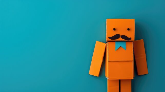 A paper man doll sporting a moustache was creatively crafted from orange cardboard against a vibrant blue backdrop designed as a playful prank for Innocents Day a celebration similar to Apri