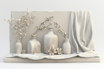 Craft a mixed-media collage depicting a serene apothecary setting with vintage bottles