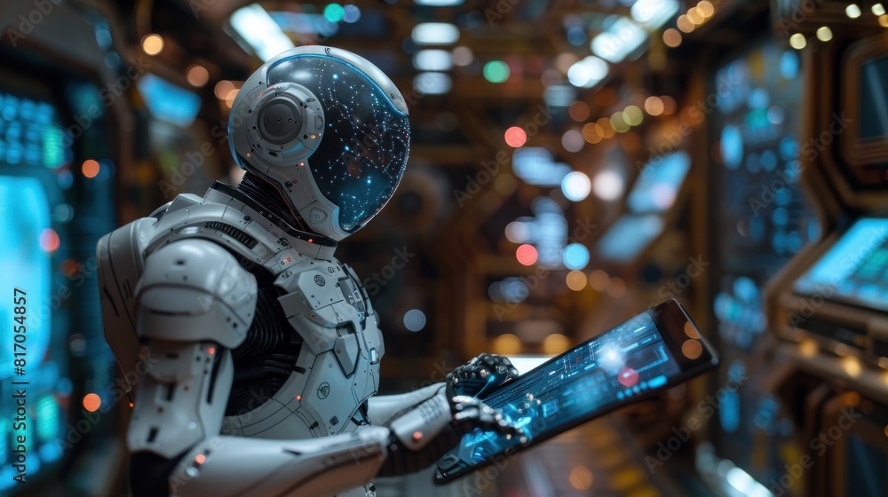 Poster hand holding tablet with with ai or artificial intelligence.