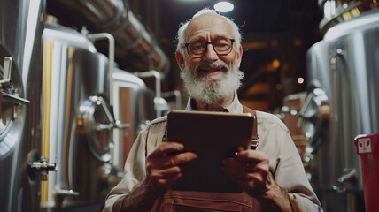 Senior Brewmaster with computer Tablet Overseeing Craft Beer Production at Brewery.