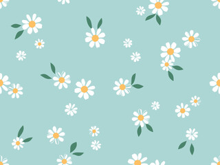 Seamless pattern with daisy chamomile flower and green leaves on green background vector.