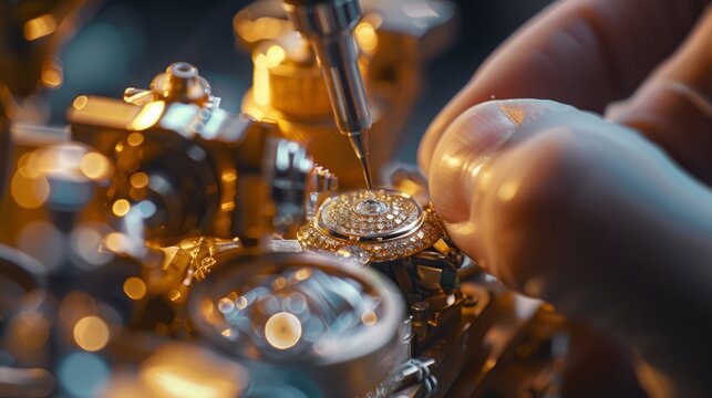 A person carefully crafting and assembling parts of a gold watch.