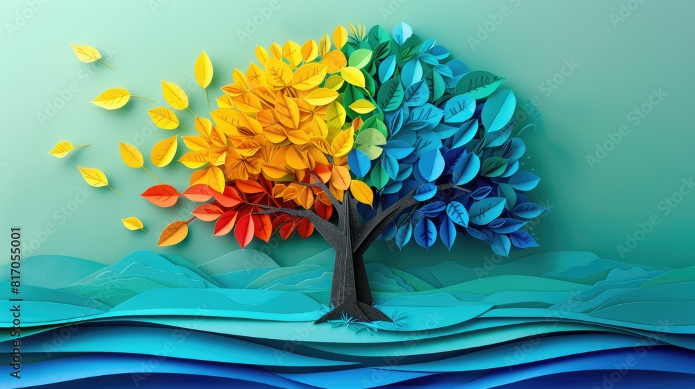 Poster a colorful tree with butterflies flying around it. the tree is made of paper and the butterflies are