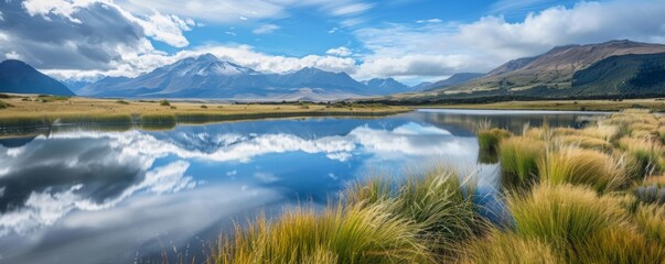 mountain reflections on a lake next to grassy patch. - Powered by Adobe