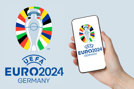 KYIV, UKRAINE - MAY 16, 2024: Design with smartphone for UEFA Euro 2024 in Germany, football cup, football summer