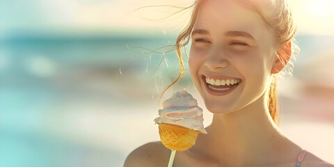 Young woman smiling in the summer sun enjoying a sweet treat at the beach. Concept Outdoor Photoshoot, Summer Vibes, Beach Fun, Sunshine, Sweet Treats