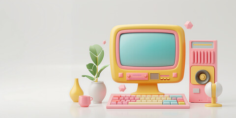 3D Retro Computer Icon on White background or Gray background, Old-Technology, programming, Minimal Retro, Mouse, keyboard, vector, 3D Illustration