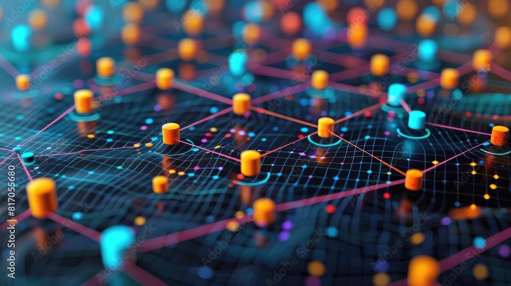 Poster a colorful image of many small orange and blue spheres. the spheres are arranged in a grid pattern, 