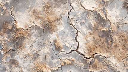 Top view of a barren saline soil field, displaying a patchy distribution of salt crystals and sparse vegetation struggling to grow in the harsh environment