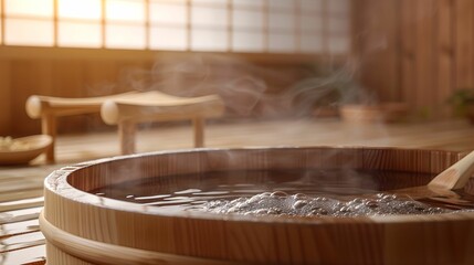 Close-Up of Wooden Japanese Bathtub with Steaming Water