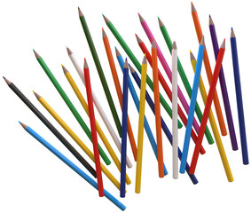 Scattered colored pencils isolated on a transparent background