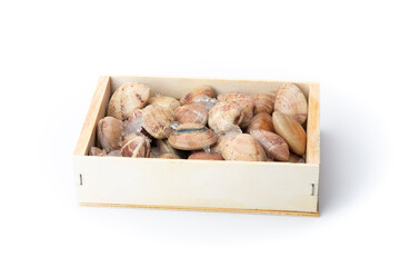 A variety of fresh clams with bits of ice, stored in a simple wooden box, isolated on a white background