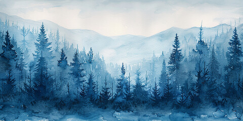 Watercolor panorama of the fir forest. Magical winter forest  