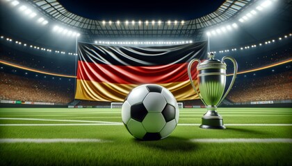 Football champion cup, soccer ball and german flag in a european stadium