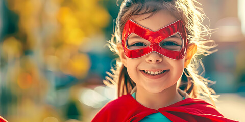 niña pequeña jugando haciendo travesura disfrazada de superhéroe.