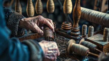An elderly man is sitting at a spinning wheel, carefully spinning fibers into yarn.