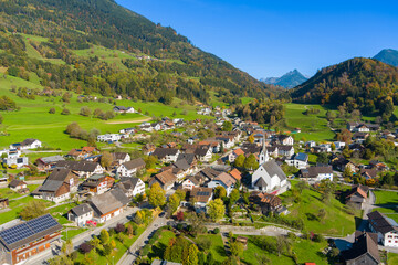 The village of Schnifis in the Walgau Valley, State of Vorarlberg, Austria. Drone Picture