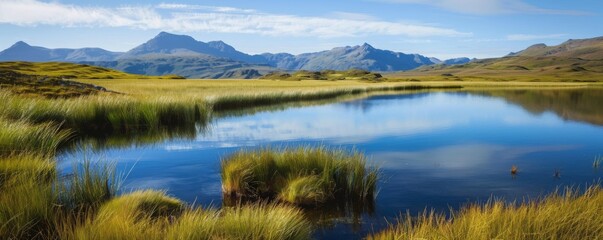 mountain reflections on a lake next to grassy patch.