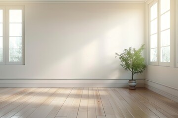 Fototapeta premium Minimalist Empty Room with White Walls Background, House Plant on Wooden Floors.