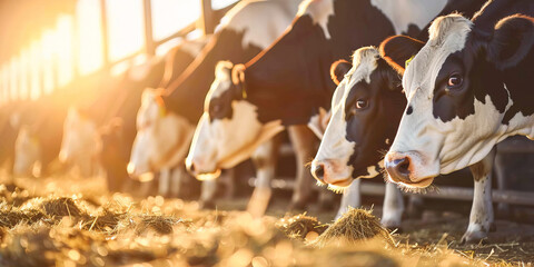 Cows stand in row and Feeding in Barn, sunlight. Dairy farm livestock industry banner.