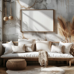 Mock up of white minamilist bright living room to hang art work, 
wooden frame, mockup photo for a horizontal poster print, mpty black frame , living room, beige colors