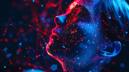 Futuristic Artificial Intelligence Concept with Digital AI Human Face Profile and Network Connections. Neon blue and red light.