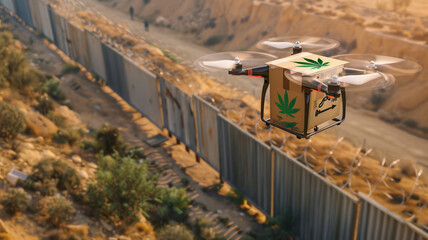 Illegal delivery marijuana concept. Aerial View of smuggler transportation Drone transporting box of cannabis through border.