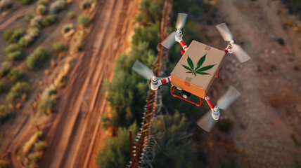 Illegal delivery marijuana concept. Aerial View of smuggler transportation Drone transporting box of cannabis through border.