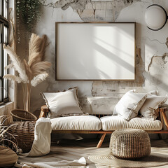 Mock up of white minamilist bright living room to hang art work, 
wooden frame, mockup photo for a horizontal poster print, mpty black frame , living room, beige colors