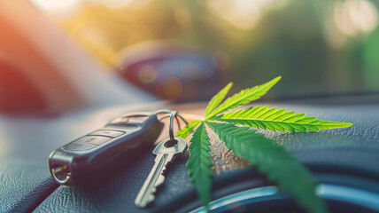 Cannabis marijuana Leaf and Car Keys, Representing Driving Under Influence. Concept dealership, transportation of drugs, hemp and leaves.